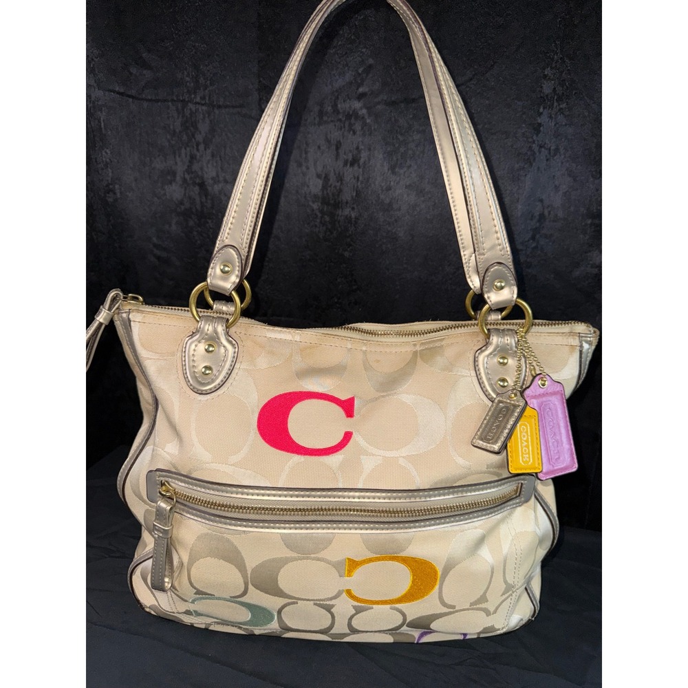 Coach Poppy Signature Sateen Tote Bag Beige Gold Multi Color C 22412 Large Tote